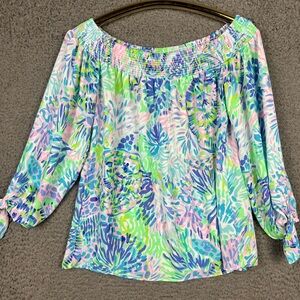 Lilly Pulitzer Multi Shell of a Party Maryellen Blouse Top XXS Off the Shoulder
